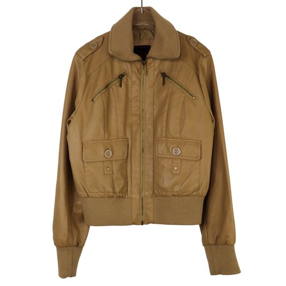 Y2k Vintage Yoki Tan Faux Leather Moto Jacket Large - Picture 1 of 5